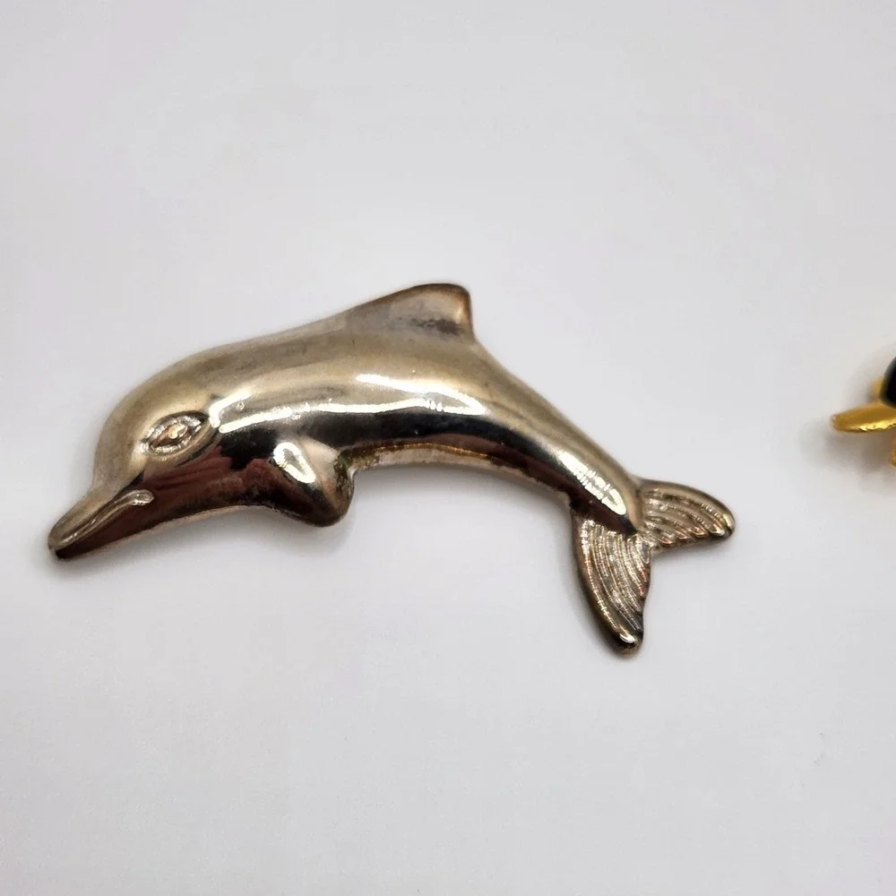 Vintage Dolphin Brooch Pin Set 3pc‎ Gold Silver Black Enamel Rhinestone Nautical